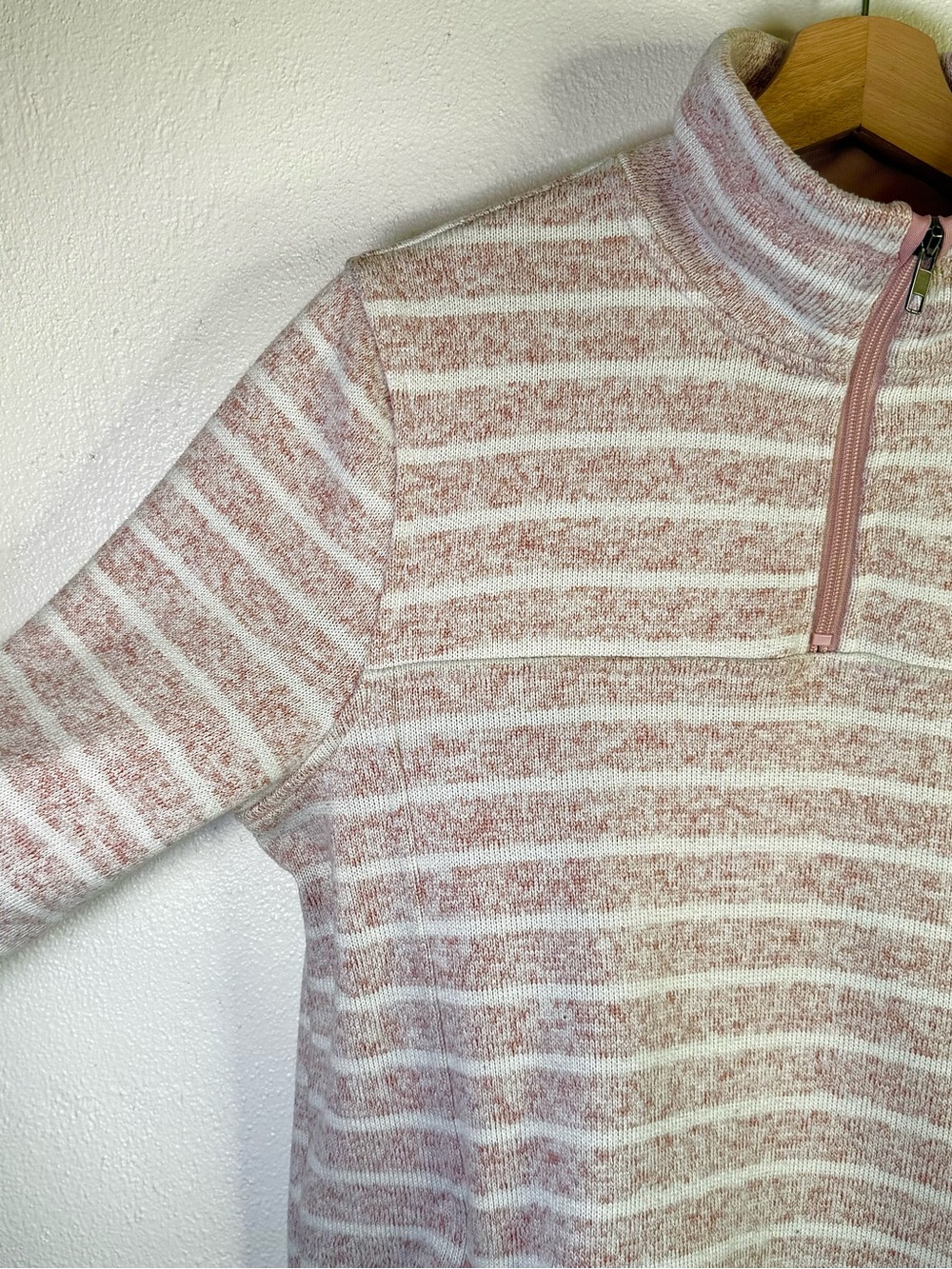 Thread & Supply Pink White Striped Marled Knit Quarter Zip Pullover Sweater Sz L - Picture 8 of 16